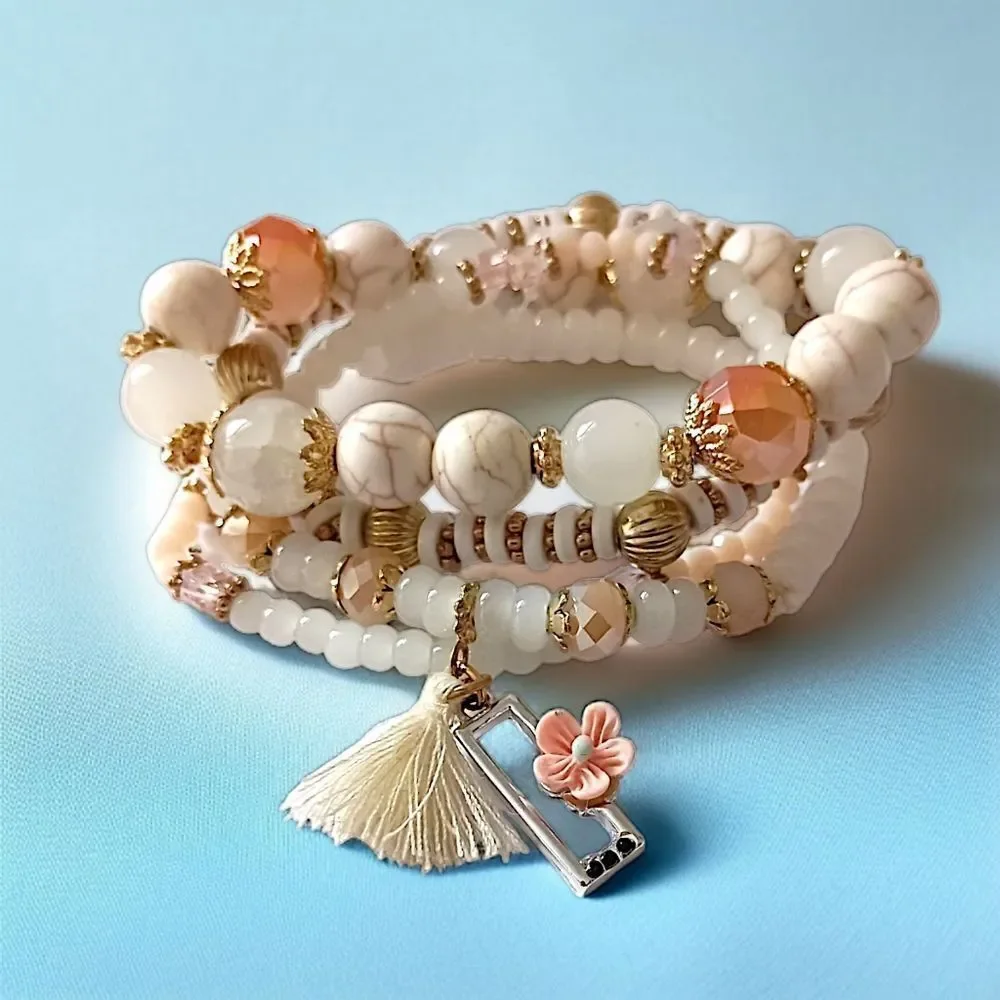 Glass Beaded Stacked Bracelet Rows Beads‎ Floral Neutrals Y2K Boho Fairy Indie